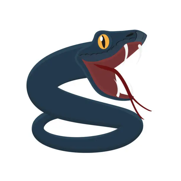 Vector illustration of Snake. Animal snake with open mouth, tongue and fangs