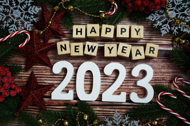 istock Happy New Year 2023 holidays celebration with christmas decorations background 1496849535