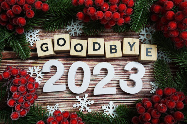 istock Goodbye 2023 holidays celebration with christmas decorations background 1496849588