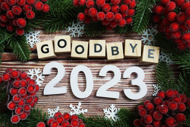 istock Goodbye 2023 holidays celebration with christmas decorations background 1496849621