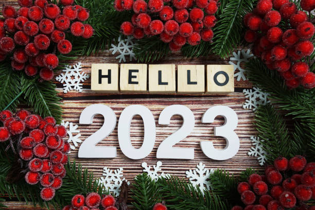 istock Hello 2023 Happy new year  holidays celebration with christmas decorations background 1496849733