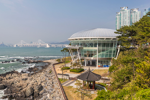 Busan, South Korea - March 29, 2016 : city skyline at Nurimaru APEC House and Busan Marina