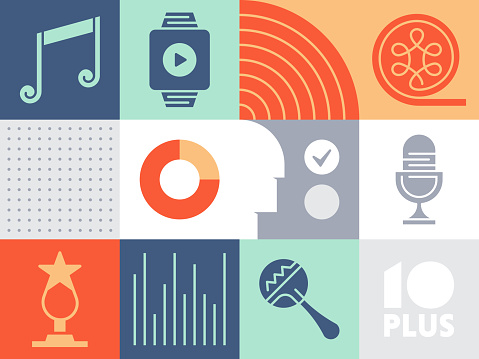 Pattern infographic with icons for music. Clean lines and minimalist design, universally applicable across various industries and contexts.