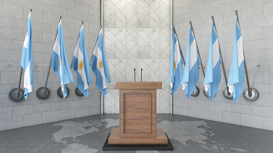 Argentinian Parliament Concept Argentinian Flag in a Row with a Empty Wooden Wall. Press Conference in Government Building. 3D Render