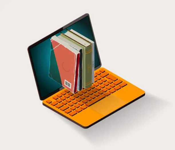 Vector illustration of books out of computer screen