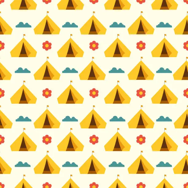 Vector illustration of Summer Camp Seamless Pattern Design of Camping and Traveling in Template Hand Drawn Cartoon Flat Illustration