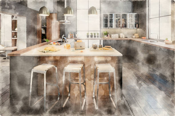 istock Watercolor Painting of a Luxury Penthouse Loft Kitchen  - 3D Visualization 1496856063