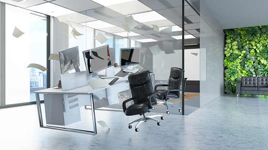 Computer Monitor, Keyboard And Office Tools Are Flying In The Air With Zero Gravity Concept In The Workspace. 3D Render