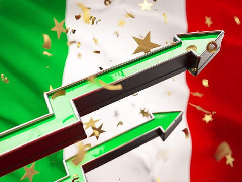Italy Rising Concept with Green Arrow Italian Flag and Confetti. 3D Render