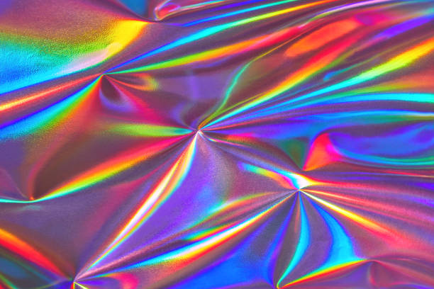 Abstract neon holographic metallic foil background in 80s, 90s style Abstract holographic background 80s, 90s, 2000s style. Modern bright neon blue, purple, pink, orange, mint metallic psychedelic optimistic rainbow foil texture. New wave, psychedelic retro futurism 21st century style stock pictures, royalty-free photos & images