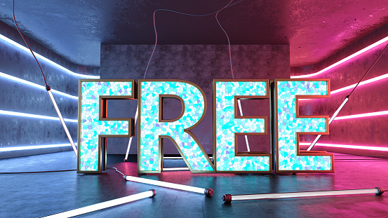 FREE Sign Made of Light Bulbs and Red and Blue Flaurescent Lights. 3D Render