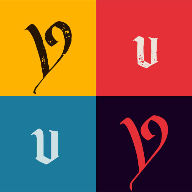 Gothic style letter V. Calligraphy uppercase and lowercase letters. Antique vintage blackletter vector set. Medieval Germanic font for tattoos, stylish calligraphy, luxury masthead, halloween. graffiti letter v stock illustrations