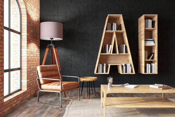 Shelves with different books and lamp on light wall