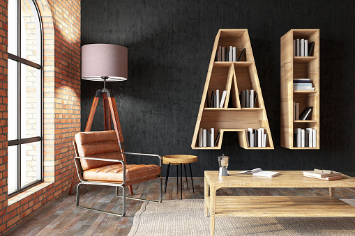 Artificial Intelligence Concept with a AI Letter Bookshelf on Cozy Room's Wall. 3D Render