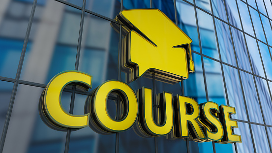 Neon Course Sign on a Modern Building. 3D Render