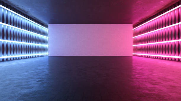 istock Futuristic Room Design with Red and Blue Neon Lights and an Empty White Wall 1496859264