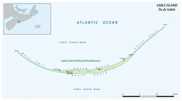 Vector illustration of Vector map of the Sable Island in the Atlantic Ocean, Nova Scotia, Canada