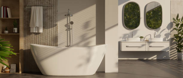 istock Interior design of a modern luxury bathroom with modern bathtub, double sink and mirror 1496860706