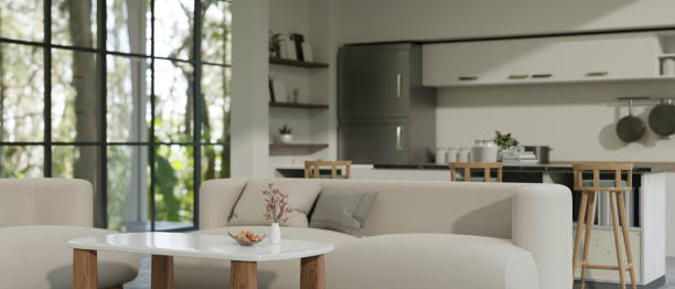 istock Interior design of a modern living room with a couch, coffee table, and kitchen cooking space 1496860772