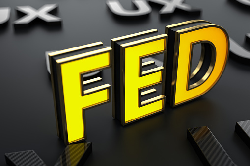 Neon FED Federal Reserve Bank Sign on Black. 3D Render