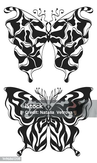 istock Set of two hand-drawn illustrations. Mystical butterflies with abstract patterns. 1496861208