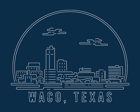 istock Waco, Texas - Cityscape with white abstract line corner curve modern style on dark blue background, building skyline city vector illustration design 1496861364
