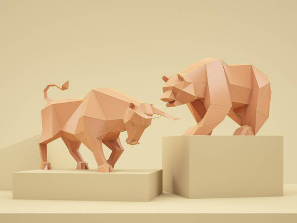 toro e orso low poly color pastello - stock market bull bull market bear foto e immagini stock