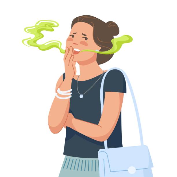Woman bad breathing. Teenager asian girl with disgusted breath from mouth, bacteria halitosis disease or dental tooth trouble, smelly odor stink in conversation vector illustration Woman bad breathing. Teenager asian girl with disgusted breath from mouth, bacteria halitosis disease or dental tooth trouble, smelly odor stink in conversation vector illustration of smell breath bad clip art of a yuck mouth stock illustrations