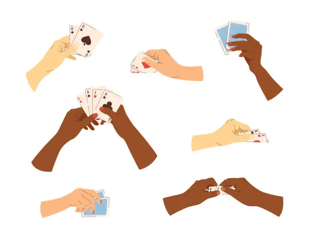 Vector illustration of Vector casino player set of playing cards in hands. Multicultural casino players. Illustrations for gambling industry