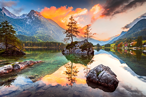 Hintersee, Bavaria. Picturesque alpine lake located in the Bavarian Alps of Germany, surrounded by lush forests and stunning mountain scenery, Berchtesgaden.