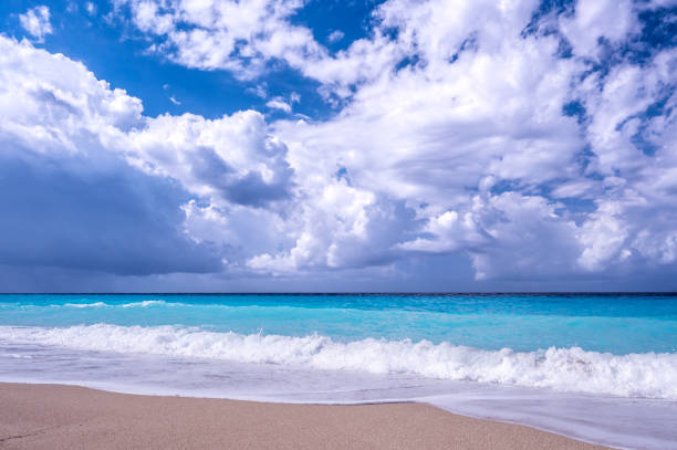istock Turquoise sea horizon with dramatic clouds and waves 1496863496