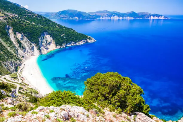 Kefalonia, Greece. Myrtos Beach, most beautiful beach of the island and one of the most beautiful beaches in Europe, Cephalonia, Ionian Islands.