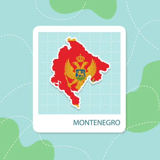 Vector illustration of Stickers of Montenegro map with flag pattern in frame.