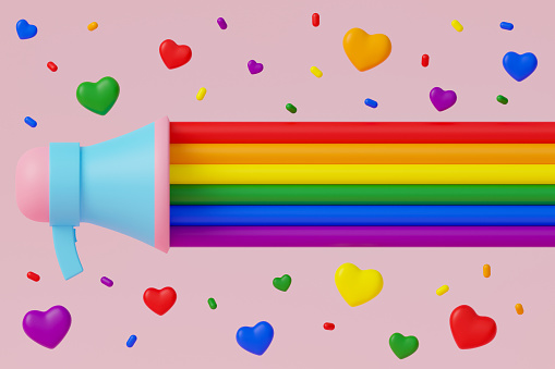 Pride month 3d illustration. Megaphone with LGBTQ color banner on pink background with colorful confetti and heart.