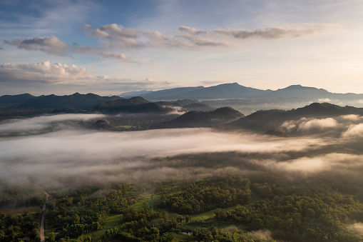 Beautiful morning scene sunrise and fog above the mountains, light hitting the clouds, treetops, beautiful scenery, beautiful nature golden morning light misty sea in the valley, misty sea