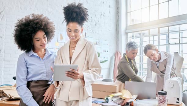 Manager, ecommerce delivery tablet or team work, package box or stock product for commercial sale distribution. Logistics courier shipping, retail store diversity or happy black woman in supply chain