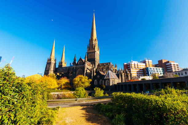 MELBOURNE, AUSTRALIA - MAY 21, 2022: The iconic St. Patrick's Cathedral which is a Roman Catholic Church in Melbourne CBD, Victoria, Australia