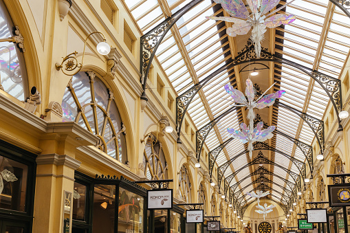 MELBOURNE, AUSTRALIA - MARCH 5, 2022: The iconic Royal arcade shopping precinct on Bourke St in Melbourne CBD, Victoria, Australia