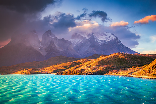 Torres del Paine, Chile. Majestic national park in Chilean Patagonia, featuring towering granite peaks, pristine lakes, glaciers, and diverse wildlife, offering incredible trekking scenics.