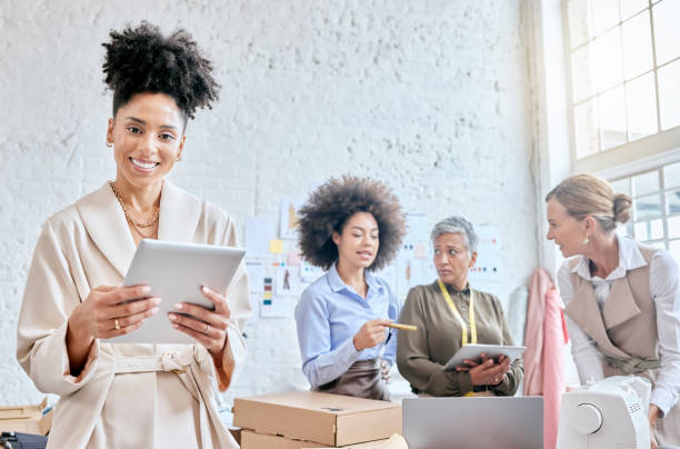 istock Manager portrait, ecommerce delivery tablet or team diversity, package or stock product for commercial distribution. Logistics courier shipping, retail store box or happy black woman in supply chain 1496869301