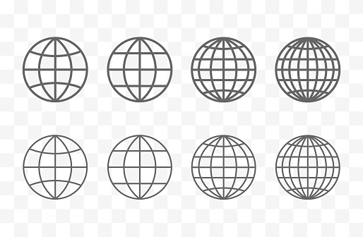 Earth globe icon set. Internet symbol, earth, network, easily editable line art vector for design on transparent background. Vector stock illustration.