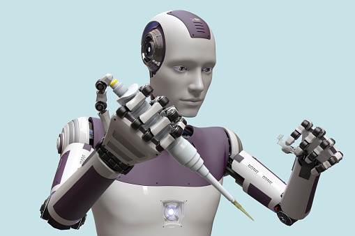 A humanoid robot working in laboratory with pipette and tube, conceptual 3D illustration. Artificial intelligence, automation of science, research and clinical diagnostics concept