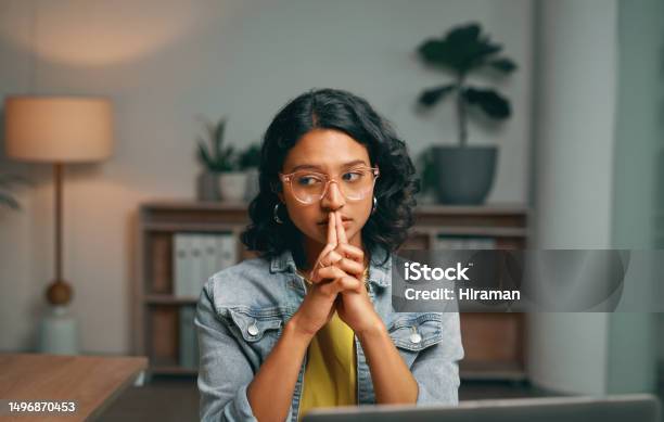 Student Stress And Thinking In Night Home Of University College And School Project Fail Mistake And Crisis Anxiety Worry And Fear For Indian Woman With Elearning Technology Planning And Problem Stock Photo - Download Image Now
