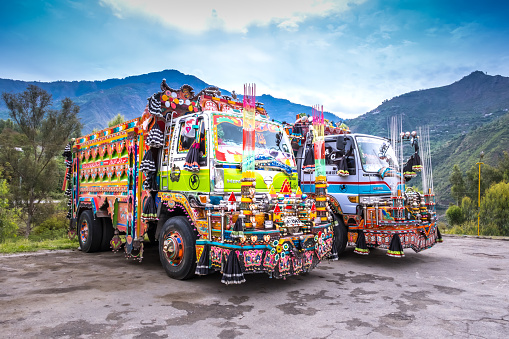 Islamabad, Pakistan - March 30, 2023 : Traditional Colorful decoration truck parking in Islamabad.