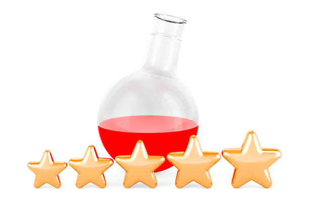 Chemical flask with five golden stars, 3D rendering isolated on white background