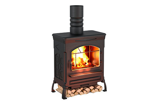 Potbelly stove, wood burner stove with chimney pipe and firewood burning, 3D rendering isolated on white background