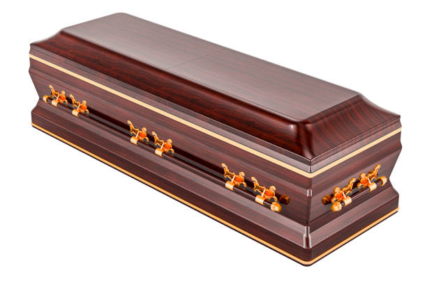Wooden Coffin with Drop Bar Wooden Handles, 3D rendering Wooden Coffin with Drop Bar Wooden Handles, 3D rendering isolated on white background the undertaker stock pictures, royalty-free photos & images