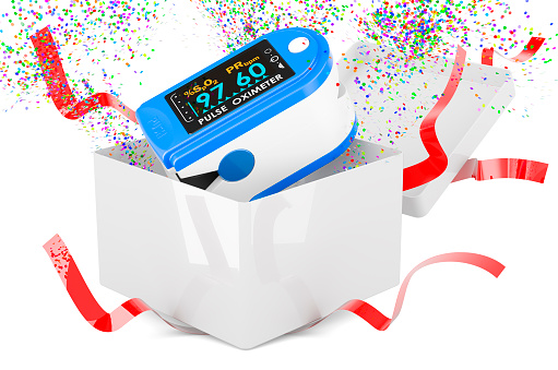 Portable Pulse Oximetry inside gift box, 3D rendering isolated on white background
