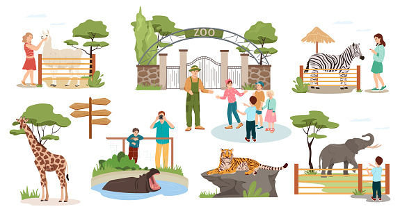 Zoo landscape elements. Cartoon set of happy kids with parents looking at different animals in the zoo. Zoological park collection. Flat vector illustration isolated on white background.
