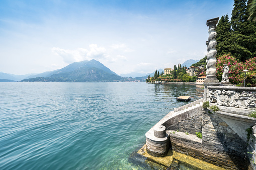 Aerial view of Lake Como from the botanical garden of famous Villa Monastero, Varenna, Italy